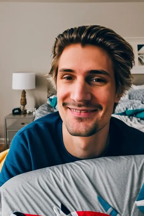 RAW photo, 1man, xqc, tall male, light smile, on bed, little mustache, holding ikea shark stuffed toy, quilt, indoors, mood lighting, golden hour, looking at viewer, (high detailed skin:1.2), 8k uhd, dslr, soft lighting, high quality, film grain, Fujifilm XT3