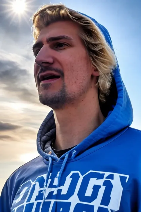 RAW photo, 1man, xqc, tall male, screaming, flying, little mustache, hood, shirt, hoodie, in the sky, speed lines, golden hour, blue sky, cirrus spissatus, full body, (high detailed skin:1.2), 8k uhd, dslr, soft lighting, high quality, film grain, Fujifilm XT3