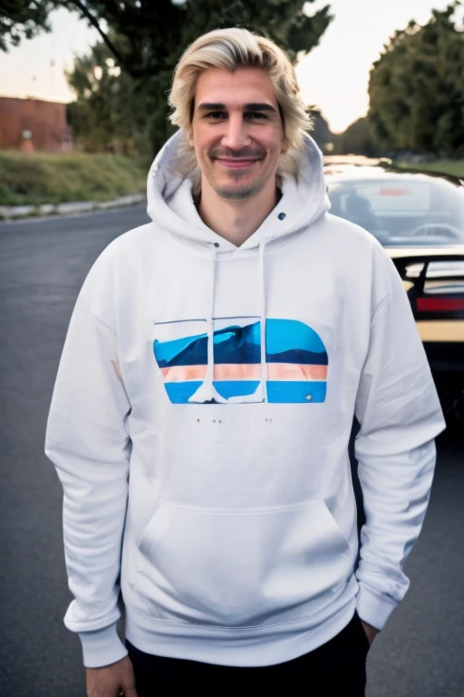 RAW photo, 1man, ((xqc)), tall male, light smile, little mustache, hood, shirt, hoodie, by a car, honda nsx, outdoors, street, golden hour, blue sky, Ci not, full body, (high detailed skin:1.2), 8k uhd, dslr, soft lighting, high quality, film grain, Fujifilm XT3