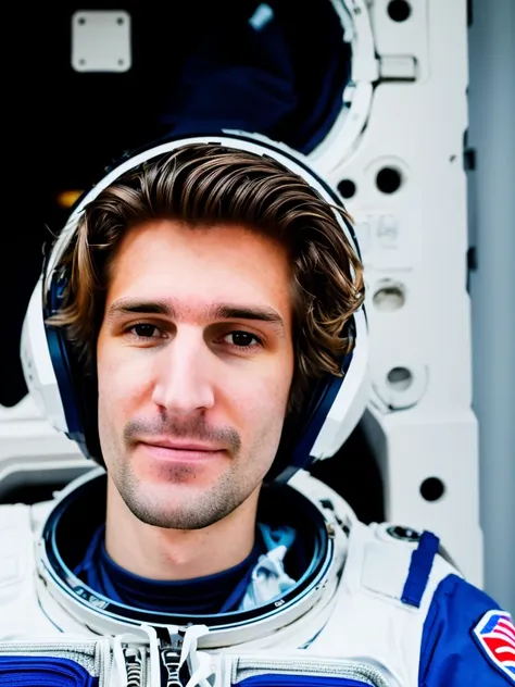 RAW photo, a photo of a 26 year old man, xqc, NASA astronaut, international space station, (high detailed skin:1.2), 8k uhd, dslr, soft lighting, high quality, film grain, depth of field, Fujifilm XT3, <lora:xqclora_xqcV031:1>