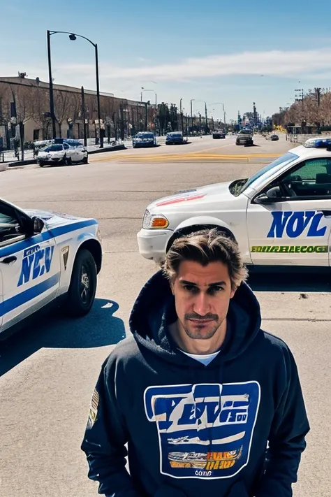 RAW photo, 1man, xqc, tall male, nervous, running, fleeing, little mustache, hood, shirt, hoodie, chasing by police, CVPI-NYPD, cars in the background, outdoors, street, speed lines, golden hour, blue sky, Ci not, full body, (high detailed skin:1.2), 8k uhd, dslr, soft lighting, high quality, film grain, Fujifilm XT3