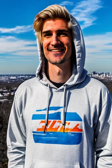 RAW photo, 1man, xqc, tall male, screaming, flying, little mustache, hood, shirt, hoodie, man in the sky, speed lines, golden hour, blue sky, cirrus spissatus, full body, (high detailed skin:1.2), 8k uhd, dslr, soft lighting, high quality, film grain, Fujifilm XT3
