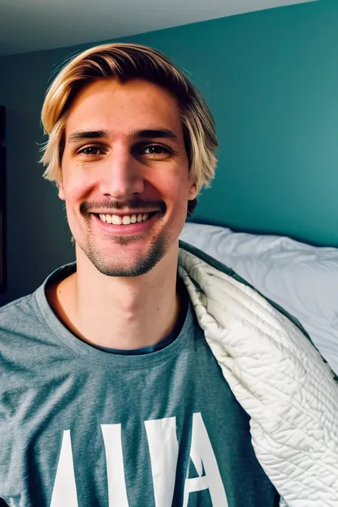 RAW photo, 1man, xqc, tall male, light smile, on bed, little mustache, holding ikea shark, quilt, indoors, mood lighting, golden hour, looking at viewer, (high detailed skin:1.2), 8k uhd, dslr, soft lighting, high quality, film grain, Fujifilm XT3