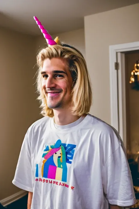 RAW photo, 1man, xqc, tall male, light smile, little mustache, unicorn costume, indoors, mood lighting, golden hour, looking at viewer, (high detailed skin:1.2), 8k uhd, dslr, soft lighting, high quality, film grain, Fujifilm XT3