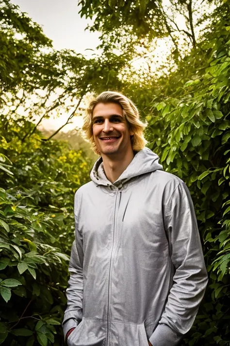 RAW photo, 1man, xqc, tall male, light smile, little mustache, outstretched hand, crown, royal mantle, cloak, jungle, outdoors, monkeys, mood lighting, golden hour, looking at viewer, upper body, (high detailed skin:1.2), 8k uhd, dslr, soft lighting, high quality, film grain, Fujifilm XT3