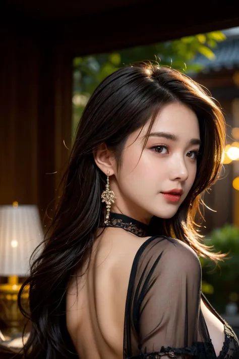 masterpiece, highest quality, Realistic, Very detailed, Finer details, High resolution, 8k wallpaper, One beautiful woman, Wear a black see-through shirt, In a great restaurant, At night, Light brown messy hair, Perfect dynamic composition, Beautiful and beautiful eyes、Big earrings