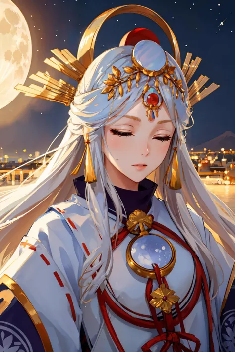 masterpiece, best quality, <lora:miketsu-nvwls-v1-000010:0.8> miketsu, headdress, hair ornament, japanese clothes, white dress, wide sleeves, closed eyes, from above, portrait, close-up, night, moon