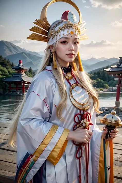 (realistic:1.3), finely detailed, quality, rembrandt lighting, (masterpiece:1.2), (photorealistic:1.2), (best quality), (detailed skin:1.3), (intricate details), dramatic, ray tracing, 1girl, miketsu, 21 years old, detailed skin texture, (blush:0.5), (goosebumps:0.5), subsurface scattering, smiling, medium breasts, (headdress, hair ornament:1.4), japanese clothes, wide sleeves, cowboy shot, (bright sunny day, shinto shrine, torii gate, mountains far away, sky), <lora:miketsu-nvwls-v1:1>