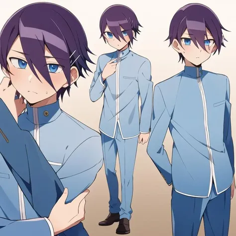 (extremely detailed:1.3),(highly detailed:1.2),(best quality:1.2),(masterpiece:1.2), <lora:Gakuto-09:0.8>, solo, 1boy, Gakuto, blue eyes, purple hair, short hair, hair between eyes, eyes visible through hair, hairclip, hair ornament, school uniform, pants, blue pants, black shoes, classroom, full body shot, full body