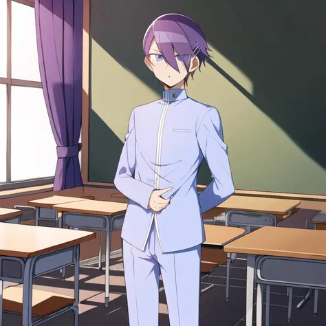 (extremely detailed:1.3),(highly detailed:1.2),(best quality:1.2),(masterpiece:1.2), <lora:Gakuto-09:0.9>, solo, 1boy, Gakuto, blue eyes, purple hair, short hair, hair between eyes, eyes visible through hair, hairclip, hair ornament, school uniform, pants, white pants, classroom, full body, cowboy shot