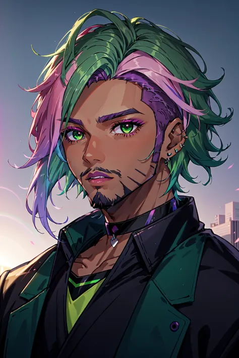 1boy, male focus, tan, dark skinned male, black choker, facial hair, beard, transgender male, black jacket, choker, cyberpunk, earrings, gradient hair, eyeshadow, gradient hair, green eyes, green hair, lips, lipstick, short hair, undercut, spiky hair, makeup, multicolored hair, gradient hair, two tone hair, gossamer, RAW, 8k, anime wallpaper, outdoors, piercing, pink hair, portrait, purple lips, rainbow hair, <lora:Cameron_Xvoor:0.7>