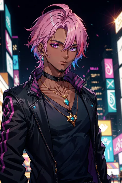 1boy, male focus, tan, dark skinned male, black choker, black jacket, blurry, blurry background, choker, cleavage, closed mouth, collarbone, cyberpunk, earrings, gradient hair, jacket, jewelry, k/da, (league of legends), looking at viewer, makeup, medium breasts, medium hair, multicolored hair, necklace, night, open clothes, open jacket, outdoors, pink hair, solo, upper body, <lora:Cameron_Xvoor:0.5>