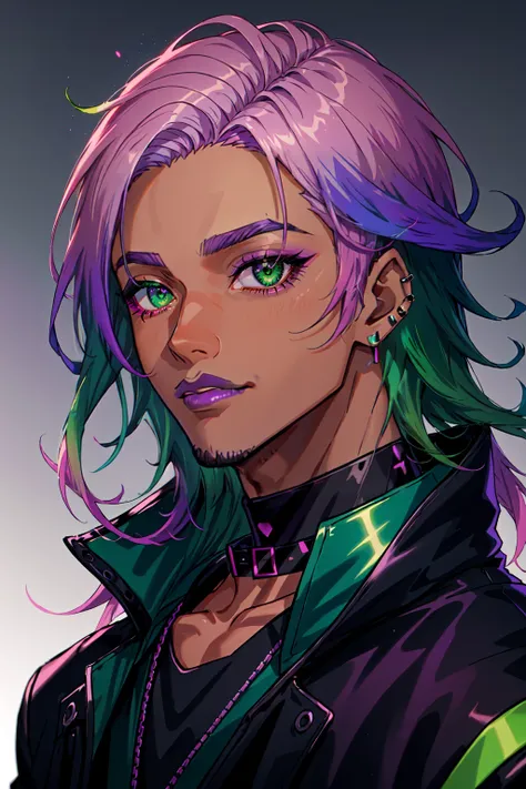 1boy, male focus, tan, dark skinned male, black choker, black jacket, choker, cyberpunk, earrings, gradient hair,  eyeshadow, gradient, gradient background, gradient hair, green eyes, green hair, lips, lipstick, long hair, makeup, multicolored hair, piercing, pink hair, portrait, purple lips, rainbow hair, , <lora:Cameron_Xvoor:0.5>