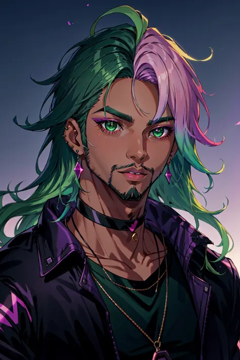 1boy, male focus, tan, dark skinned male, black choker, facial hair, beard, transgender male, black jacket, choker, cyberpunk, earrings, gradient hair, eyeshadow, gradient hair, green eyes, green hair, lips, lipstick, long hair, makeup, multicolored hair, gradient hair, two tone hair, gossamer, RAW, 8k, anime wallpaper, outdoors, piercing, pink hair, portrait, purple lips, rainbow hair, <lora:Cameron_Xvoor:0.7>