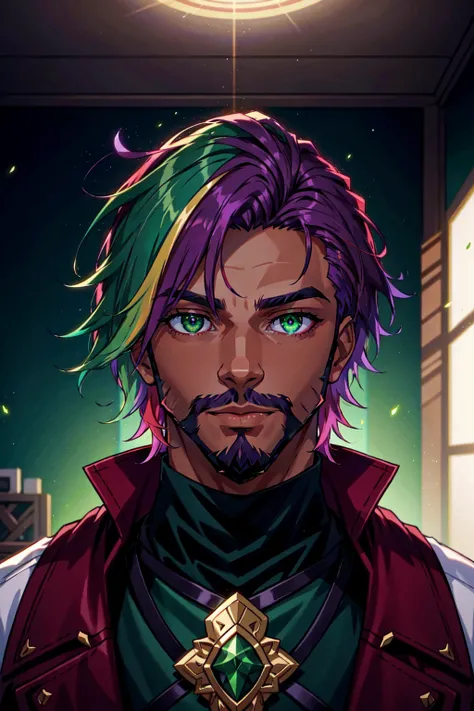 1boy, male focus, tan, dark skinned male, gradient hair, multicolored hair, green hair, maroon hair, purple hair, green eyes, facial hair, beard, thick ink linework, ethereal, gossamer, fantasycore, cinematic lighting, indoors, cinematic, 4k, 8k, highly detailed, trending on artstation, detailed eyes, detailed face, official art, masterpiece, <lora:Cameron_Xvoor:0.5>