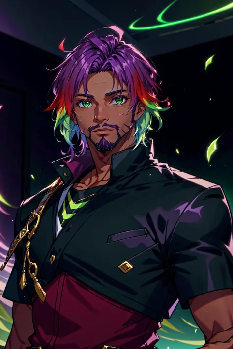 1boy, male focus, tan, dark skinned male, gradient hair, multicolored hair, green hair, maroon hair, purple hair, green eyes, facial hair, beard, thick ink linework, ethereal, gossamer, fantasycore, cinematic lighting, indoors, cinematic, 4k, 8k, highly detailed, trending on artstation, detailed eyes, detailed face, official art, masterpiece, <lora:Cameron_Xvoor:1>