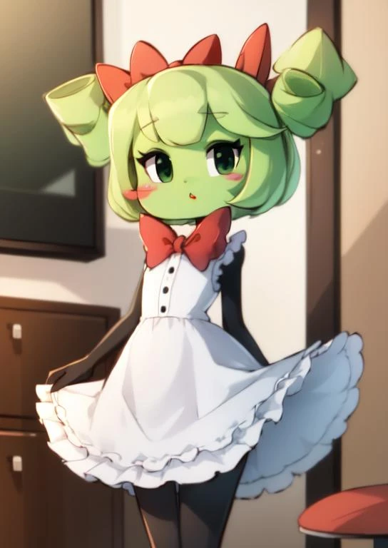 (masterpiece, best quality:1.2), extremely detailed, soft ambient lighting, sharp focus, 4K, BREAK <lora:LoraPaperMarioMimi:1>, solo, square, square head, paper mario mimi, mimi, dress, ribbon, twin drills, green skin, green hair,