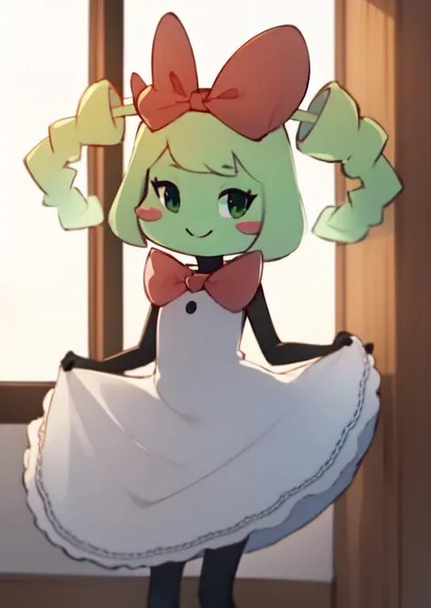 (masterpiece, best quality:1.2), soft ambient lighting, sharp focus, 4K, BREAK <lora:(Concept) Slider Details Minimal:-1>, <lora:LoraPaperMarioMimi-10:1>, solo, square, square head, paper mario mimi, mimi, dress, ribbon, twin drills, green skin, green hair, BREAK looking at viewer, smiling