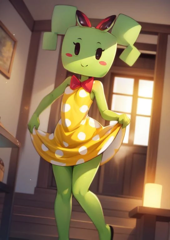 (masterpiece, best quality:1.2), extremely detailed, soft ambient lighting, sharp focus, 4K, BREAK <lora:PaperMarioMimi:1>, PaperMimi, green skin, green hair, yellow dress, polka dot