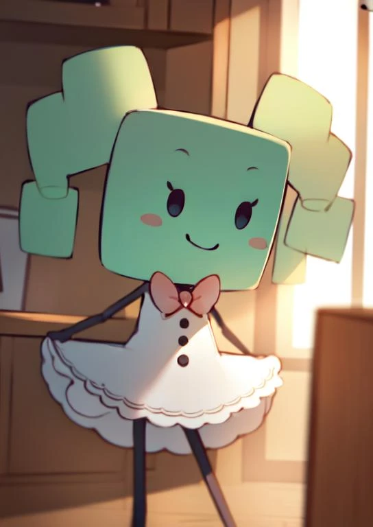 (masterpiece, best quality:1.2), soft ambient lighting, sharp focus, 4K, BREAK <lora:(Concept) Slider Details Minimal:-1>, <lora:LoraPaperMarioMimi:1>, solo, square, square head, paper mario mimi, mimi, dress, ribbon, twin drills, green skin, green hair, BREAK looking at viewer, smiling