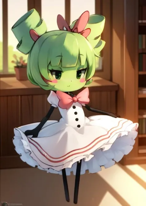 (masterpiece, best quality:1.2), extremely detailed, soft ambient lighting, sharp focus, 4K, BREAK <lora:LoraPaperMarioMimi:1>, solo, square, square head, paper mario mimi, mimi, dress, ribbon, twin drills, green skin, green hair,