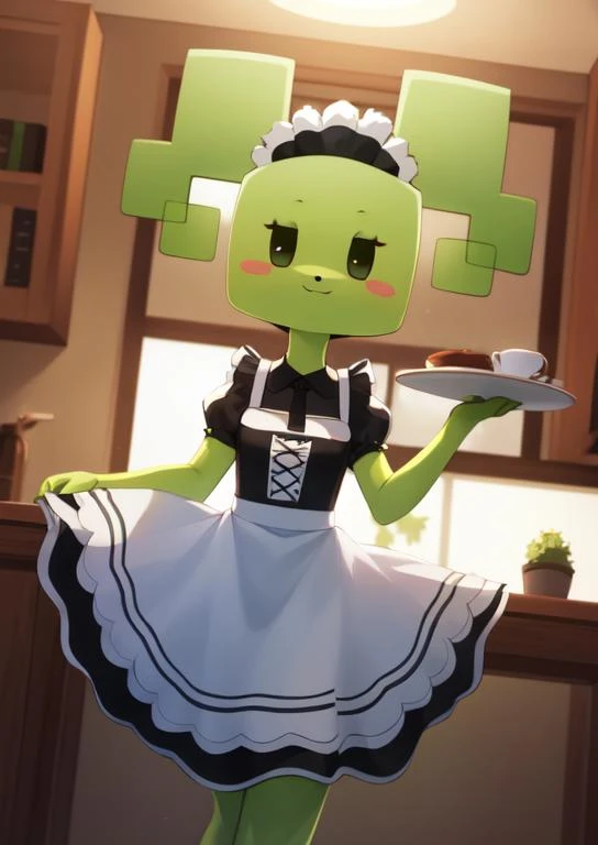 (masterpiece, best quality:1.2), extremely detailed, soft ambient lighting, sharp focus, 4K, BREAK <lora:PaperMarioMimi:0.85>, PaperMimi, green skin, green hair, maid dress