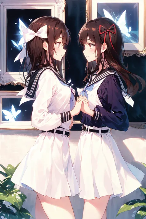 -yuri , multiple girls, 2girls, bug, butterfly, long hair, looking at another, long sleeves, eye contact, sailor collar, dress, yuri, brown hair, red eyes, school uniform, holding hands, white neckerchief, belt, skirt, shirt, neckerchief, ribbon, white dress, plant, bangs, hair ribbon, black skirt, serafuku, bow, black shirt, closed mouth, sunlight, indoors, hair bow, sailor dress, brown eyes, profile, white ribbon, from side, white sailor collar, blue butterfly, standing, picture frame, black serafuku, interlocked fingers, black sailor collar, black belt, white skirt, smile, pleated skirt<lora:yuri_20230918155120:1>