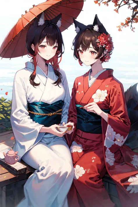 -yuri , multiple girls, 2girls, kimono, japanese clothes, animal ears, seiza, imaizumi kagerou, wolf ears, umbrella, red eyes, cup, red hair, sitting, obi, short hair, sash, alternate costume, brown hair, tail, wolf tail, hair ornament, oil-paper umbrella, hair flower, flower, long sleeves, black kimono, looking at another, holding, tea, cat, long hair, on lap, wide sleeves, food, floral print, petals, outdoors, smile, bangs, green kimono, closed mouth, tree, wolf girl, sekibanki, teapot, animal on lap<lora:yuri_20230918155120:1>
