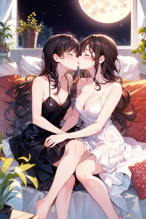 -yuri , multiple girls, 2girls, yuri, dress, couch, long hair, kiss, plant, closed eyes, window, indoors, sitting, blurry foreground, on couch, white dress, blurry, bare shoulders, moon, potted plant, depth of field, sleeveless dress, blonde hair, sleeveless, breasts, black dress, black hair, pillow, bottle, bare arms, full moon, night, book, blush, very long hair, collarbone, feet out of frame, cleavage, cup, bangs, sky, brown hair, medium breasts, wavy hair, curtains, spaghetti strap, cushion, light particles, profile<lora:yuri_20230918155120:1>