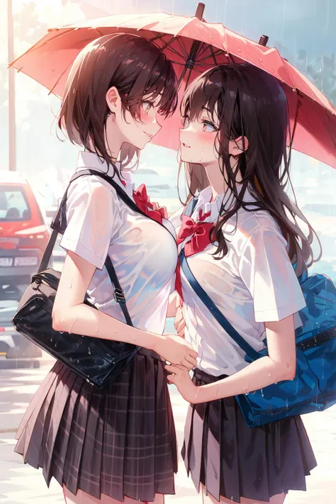 masterpiece, best quality, PIXIV,
yuri , multiple girls, 2girls, skirt, looking at another, umbrella, long hair, short hair, bow, shirt, rain, plaid skirt, yuri, bowtie, school uniform, red bow, plaid, shared umbrella, bag, black hair, white shirt, eye contact, holding umbrella, blush, red bowtie, outdoors, brown skirt, pleated skirt, school bag, collared shirt, short sleeves, shoulder bag, holding, bangs, hand on another's arm, sleeves rolled up, from side, wet, profile, height difference, cowboy shot, closed mouth, parted lips, standing, day, smile, breasts
<lora:yuri_20230918155120:1>