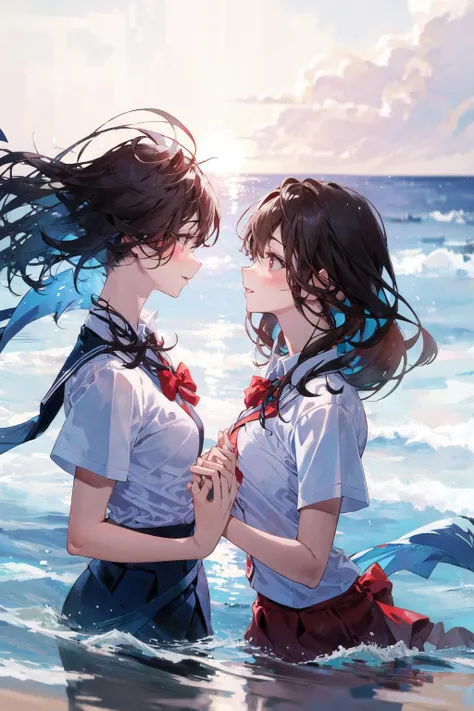 -yuri , multiple girls, 2girls, looking at another, bow, red bow, short hair, shirt, long hair, black hair, white shirt, short sleeves, outdoors, red bowtie, eye contact, upper body, school uniform, bowtie, ocean, smile, collared shirt, brown eyes, day, floating hair, parted lips, sky, bangs, beach, closed mouth, wind, water, dress shirt, hair between eyes<lora:yuri_20230918155120:1>