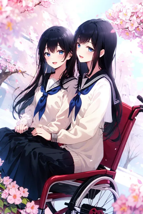 -yuri , multiple girls, 2girls, blonde hair, cherry blossoms, school uniform, smile, brown eyes, serafuku, skirt, long hair, blue eyes, open mouth, outdoors, cardigan, wheelchair, looking at another, petals, tree, black hair, dutch angle, day, bag, blush, yuri, neckerchief, sitting<lora:yuri_20230918155120:1>