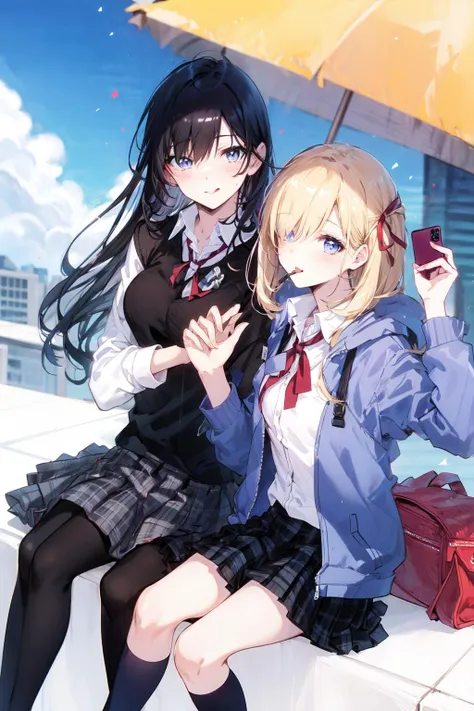 -yuri , chain-link fence, fence, multiple girls, 2girls, skirt, jacket, blonde hair, plaid skirt, sitting, plaid, holding, phone, socks, school uniform, multicolored hair, bag, shirt, black hair, cellphone, school bag, ribbon, white shirt, streaked hair, long sleeves, twintails, candy, grey skirt, pleated skirt, bangs, food, looking at viewer, collared shirt, cloud, outdoors, lollipop, holding phone, sky, black jacket, purple eyes, day, short hair, dutch angle, hair over one eye, blush, closed mouth, kneehighs, smartphone, long hair, blue sky, blue eyes, black socks, red ribbon, blazer, neck ribbon, yuri, miniskirt, twitter username, eyes visible through hair, purple hair, green eyes, rooftop, tongue out<lora:yuri_20230918155120:1>