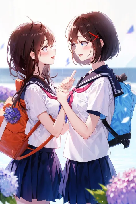 -yuri , multiple girls, 2girls, flower, umbrella, hydrangea, school uniform, skirt, rain, red neckerchief, outdoors, neckerchief, holding umbrella, blue eyes, shared umbrella, holding, pleated skirt, shirt, serafuku, red eyes, sailor collar, long hair, bag, white shirt, red umbrella, black hair, hair ornament, blurry, bangs, short sleeves, yuri, looking at another, blush, brown hair, hair flower, depth of field, blurry background, open mouth, school bag, smile, purple flower, white sailor collar, day, parted lips, short hair, eye contact, backpack, hair between eyes, pink flower<lora:yuri_20230918155120:1>