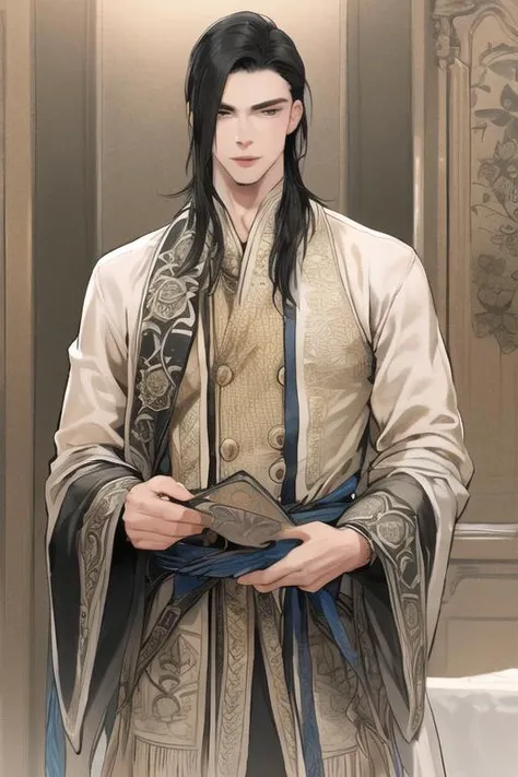 1man, (1boy), Ultra-realistic 8k CG, masterpiece, ((ultra-detailed background, delicate pattern, intricate details)), best quality, solo, black hair, <lora:handsomeMale25DLORA_v10:0.6>