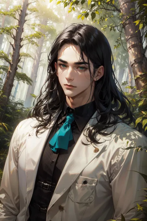 (illustration,highres, ultra detailed,best art,masterpiece,:1.3), (1 male, solo, adult, mature, aged up, tall muscular guy,perfect sexy male body,hot as fuck, broad shoulders, handsome,),wavy black hair, green eyes,charming eyes, (angular jaw, thick neck, thick eyebrows),forest, fantasy, extremely detailed face,<lora:handsome_male:0.7>