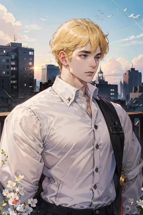 (absurdres, highres, ultra detailed), 1 male, solo, adult, mature, aged up, tall muscular guy, broad shoulders, handsome, blonde hair, purple eyes, (angular jaw, thick neck, thick eyebrows), BREAK, sunset sky, fantasy, upper body, <lora:handsome_male-02:0.7:0,0,0,0,0,0,0,0,0,1,0,0,0,0,0,0,0>