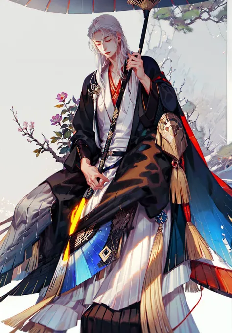 hanfu, long hair, chinese clothes, holding, 1girl, hair ornament, 1boy, umbrella, flower, weapon, sitting, black hair, closed eyes, hair flower, sword, long sleeves, white hair, holding weapon, fruit, robe, holding sword, closed mouth, wide sleeves, <lora:shanzhagao128dim-epoch-000010:1> <lora:CGhandsomeboy sw_20230612224948:0.4> <lora:handsome_male:0.3>,scenery, east asian architecture, light rays, light particles, sparkle, sliding doors, glowing
