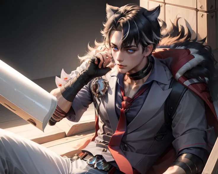 (masterpiece, best quality),(depth) of (field), <lora:Wriothesley:1> 1boy, handsome, male focus, animal ears, black hair, short hair, blue eyes, choker, red necktie, short sleeves, black gloves, shirt, coat, belt, grey pants, fur trim, <lora:handsome_male:0.8>, adult