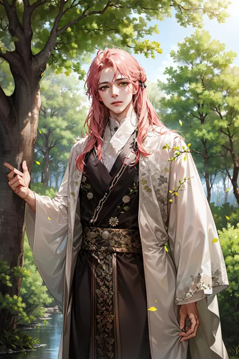 (absurdres, highres, ultra detailed), 1 male, solo, adult, (mature:1.4, aged up:1.4), tall muscular guy, broad shoulders, handsome, angular jaw, thick neck, BREAK, looking at viewer, pink long hair, green eyes, white robe, forest, trees full of greenery, fluttering leaves, pond, natural light and shadow, There are shiny particles flying around the man, fantastic, fairy tale, mysterious, shining sparkle, depth of field, cowboy shot, <lora:handsome_male-02:0.8:0,0,0,0,0,0,0,0,0,1,0,0,0,0,0,0,0>