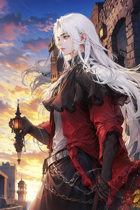 (absurdres, highres, ultra detailed), 1 male, solo, adult, mature, aged up, tall muscular guy, broad shoulders, handsome, very long hair, white hair, pomade, red eyes, (angular jaw, thick neck, thick eyebrows), BREAK, sunset sky, fantasy, upper body, <lora:handsome_male-02:0.7:0,0,0,0,0,0,0,0,0,1,0,0,0,0,0,0,0>