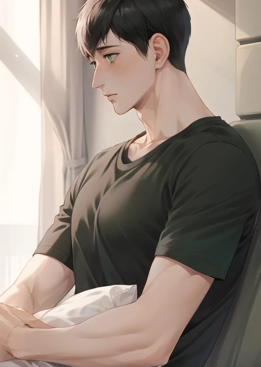 (masterpiece, best quality),(depth) of (field), <lora:bertolt:0.8> bertolt, short hair, black hair, male focus, 1boy, green eyes, <lora:handsome_male:0.8>, face_focus, shy, ((blush)), t-shirt, black_shirt, black_clothes, modern_clothes, adult