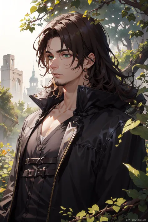 (absurdres, highres, ultra detailed), (1 male, solo, adult, mature, aged up, tall muscular guy, broad shoulders, handsome), wavy brown hair, green eyes, (angular jaw, thick neck, thick eyebrows), BREAK, forest, fantasy, Uniform, extremely detailed face, upper body, <lora:handsome_male-02:0.7:0,0,0,0,0,0,0,0,0,1,0,0,0,0,0,0,0>