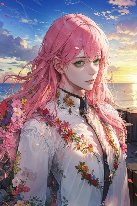 (absurdres, highres, ultra detailed), 1 male, solo, adult, mature, aged up, tall muscular guy, broad shoulders, handsome, wavy long hair, pink hair, green eyes, (angular jaw, thick neck, thick eyebrows), BREAK, sunset sky, fantasy, upper body, <lora:handsome_male-02:0.7:0,0,0,0,0,0,0,0,0,1,0,0,0,0,0,0,0>