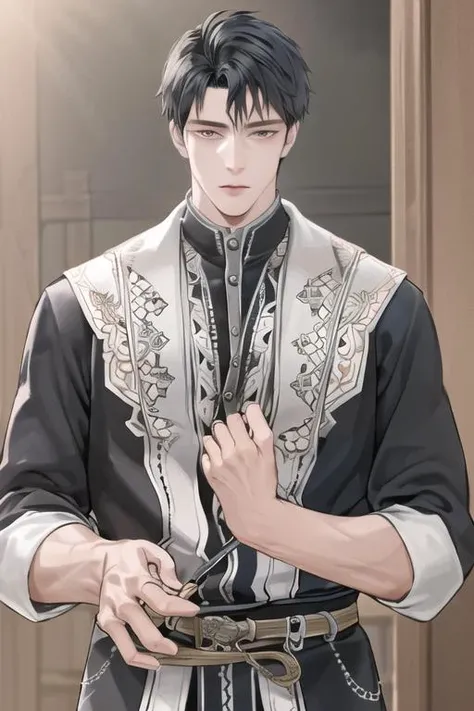 1man, (1boy), Ultra-realistic 8k CG, masterpiece, ((ultra-detailed background, delicate pattern, intricate details)), best quality, solo, black hair, <lora:handsomeMale25DLORA_v10:0.7> <lora:hanfu_v30Song:0.6>