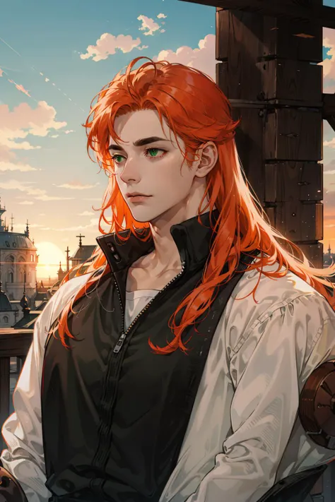 (absurdres, highres, ultra detailed), 1 male, solo, adult, mature, aged up, tall muscular guy, broad shoulders, handsome, wavy long hair, orange hair, green eyes, (angular jaw, thick neck, thick eyebrows), BREAK, sunset sky, fantasy, upper body, <lora:handsome_male-02:0.7:0,0,0,0,0,0,0,0,0,1,0,0,0,0,0,0,0>