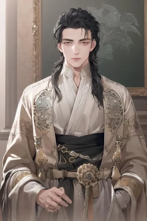 Ultra-realistic 8k CG, masterpiece, ((ultra-detailed background, delicate pattern, intricate details)), best quality, very detailed face, extremely detailed eyes and face, [1boy], solo, black hair, <lora:handsomeMale25DLORA_v10:0.5>