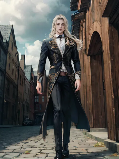 Hyperrealistic art Gothic style ((masterpiece)), ((best quality)), (high resolution), (highly detailed), ((1boy)), long hair, sharp face, seductive, hair ornament, male features, male clothing, cordial clothing, male focus, full body, outdoors, <lora:handsome_male-02:0.8>, ornate, intricate details, Dark, mysterious, haunting, dramatic, <lora:add_detail:0.3>, determined, smug, condescending, confident . Extremely high-resolution details, photographic, realism pushed to extreme, fine texture, incredibly lifelike