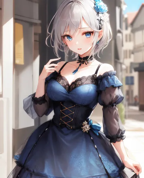 masterpiece, Highest quality, High resolution, One girl, alone, Anastasia (Idol Master), Idol Master cinderella girls, blue eyes, short hair, Grey Hair, Black Dress, Cowboy Shot, , Mouth closed, upper_body,