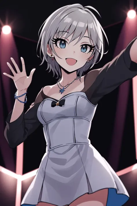 masterpiece, best quality, highres, 1girl, solo, anastasia (idolmaster), idolmaster cinderella girls, blue eyes, short hair, grey hair, black dress, (on the stage), waving, cowboy shot, , <lora:anastasia_(idolmaster)_v1-000005:0.7>, smile, upper_body,